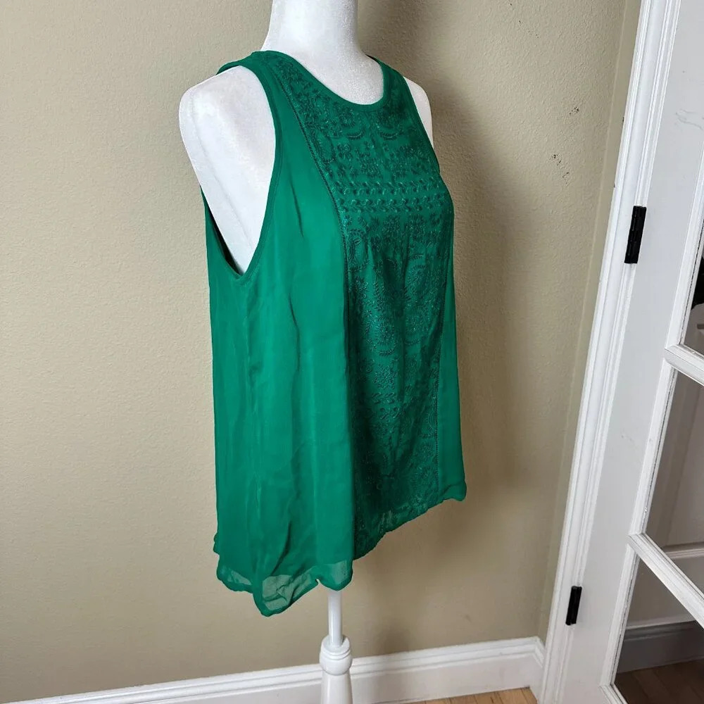 LUCKY BRAND Embroidered Detail Bright Green Tank Top Lined Blouse - Size Medium - Picture 7 of 9